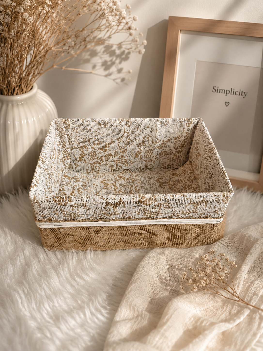Decorative Jute Storage Buscate with Lace Lining