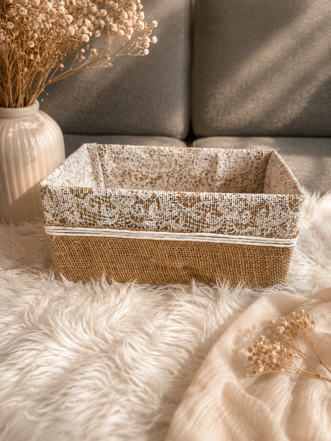 Decorative Jute Storage Buscate with Lace Lining